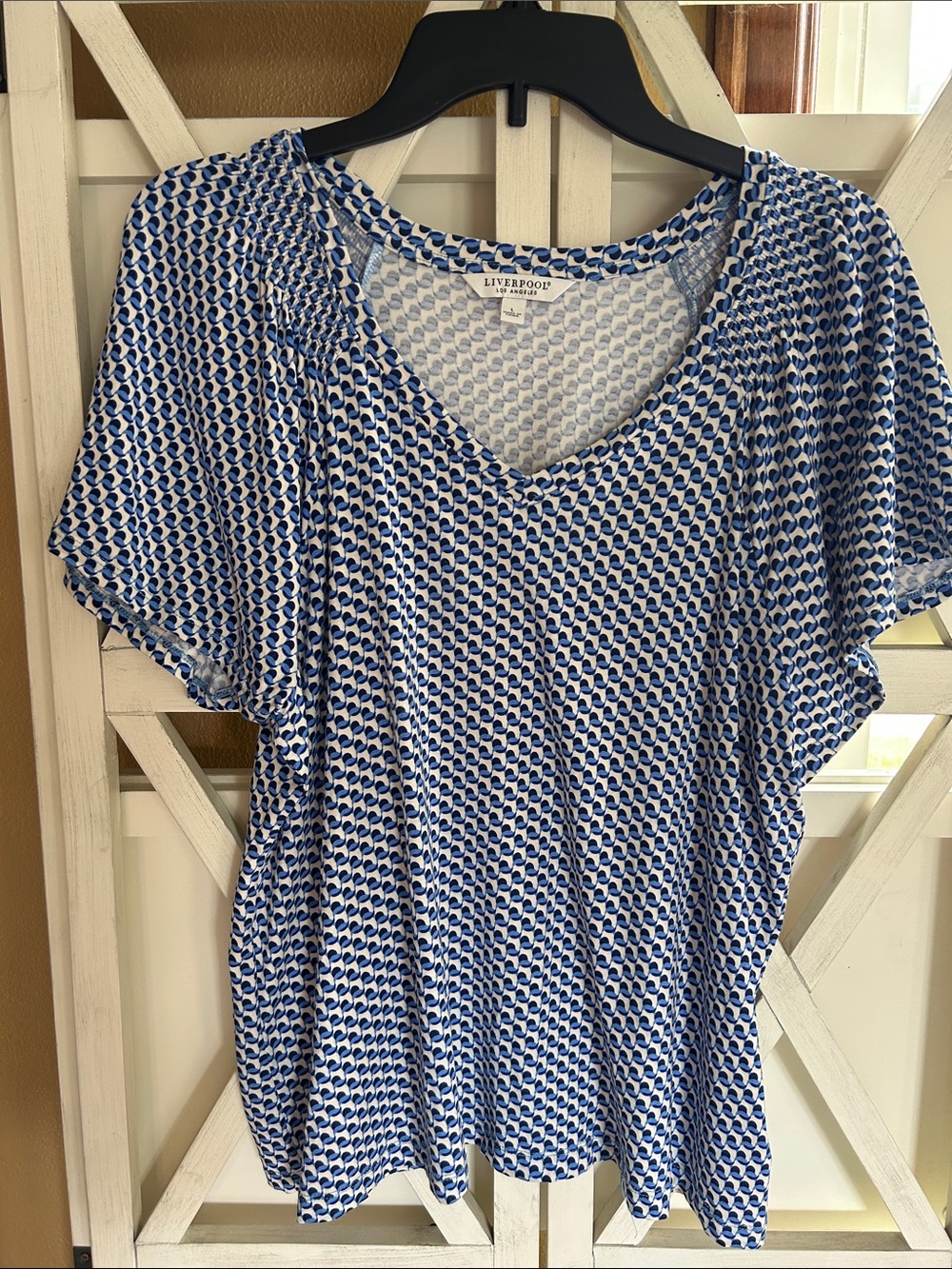 Liverpool Blue Patterned V-Neck Flutter sleeve Women's Top L